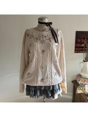 Pink floral embroidered knit sweater